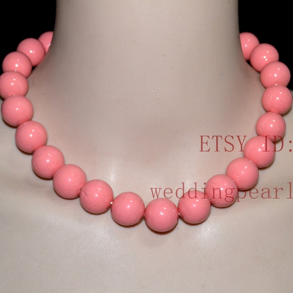 pink coral color beaded necklace, 17 inch 16mm mother of pearl necklace, statement necklace, mother day gift