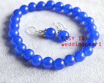 Blue Agate Bracelet and Sterling Silver Earrings Set, 8mm Beaded Jewelry