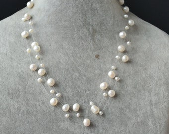 Illusion Necklace,Floating Necklace,multi-strand pearl necklace,3 rowes 3-8 mm 17-19 inches white Freshwater Pearl Necklace,wedding necklace