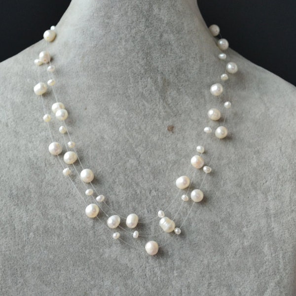 Illusion Halskette,Floating Perlenkette,3 reihige 3-8 mm 17-19 zoll weiße Süßwasser Perlenkette