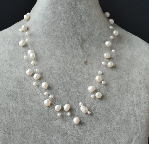 3 Strand 7-8MM White Pearl Choker Beads Necklace 17-18-19'' 