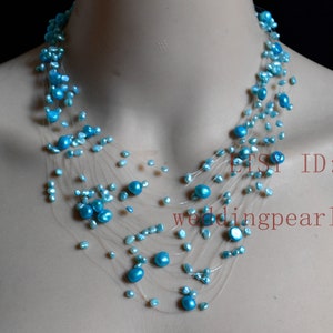 Blue Floating Necklace, 16-21 inchs light blue pearl necklace, Illusion Necklace, real pearl necklaces, wedding necklace, statement Necklace