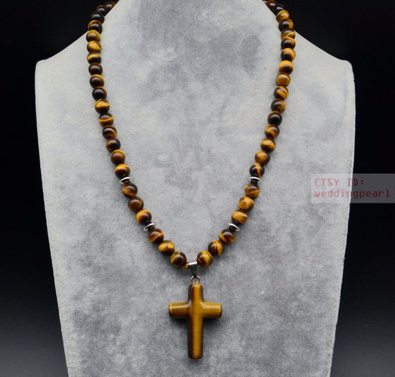 Tiger's-eye Cross Pendant, 8mm Tiger's-eye Stone With