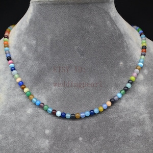 4mm single strand cat eye beaded necklace, statement necklace, girl necklace, Multicolor glass beads necklace,small cat eye necklace