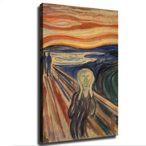 Peut inclure: Une impression sur toile représentant une figure centrale les mains sur le visage dans un geste de détresse, debout sur un pont en bois. L'arrière-plan montre un ciel tourbillonnant orange et jaune vif au-dessus d'un paysage bleu foncé.