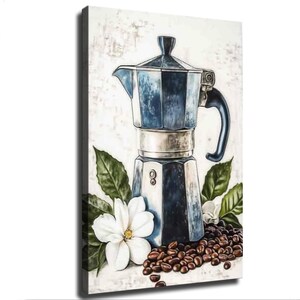 Cuadro decorativo de pared con diseño de cafetera moka vintage, granos de café rústicos y flores para la cocina.