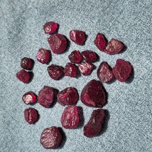 May include: A collection of twenty-one raw, unpolished ruby gemstones in varying shades of deep red and magenta. Each stone features an irregular, jagged shape with natural facets and a translucent to opaque appearance, scattered across the frame.