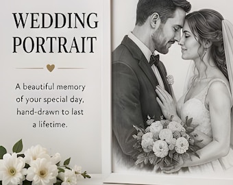 Custom Wedding Portrait from Photo | Hand-Drawn Graphite Pencil Portrait | Personalised Wedding Gift | Framed Anniversary Artwork (A4, A3)