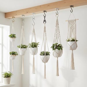 Colgador de macramé para plantas, maceta colgante de cuerda de cáñamo, soporte para macetas de estilo bohemio, decoración para plantas de interior y exterior, cesta colgante para el hogar y el jardín.