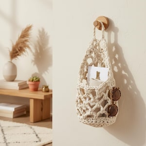 Boho Macrame Hanging Fruit Basket, Cotton Net Produce Holder, Kitchen Vegetable Storage, Plant Hanger, Wall Decor, Rustic Home Gift