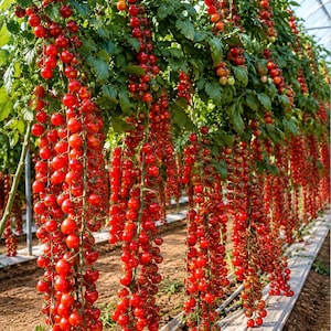 Puede incluir: Un gran cultivo de tomates cherry de color rojo vibrante en invernadero, colgando en racimos densos y largos de vides verdes. Las plantas presentan un follaje verde exuberante y están dispuestas en filas, suspendidas sobre un suelo cubierto.
