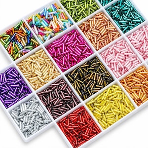 Può includere: Un vassoio organizzatore in plastica bianca contenente quindici scomparti separati riempiti con piccole perline di vetro cilindriche in una varietà di colori metallici e solidi, tra cui rosso, blu, verde, oro, argento, rosa, viola e rame.