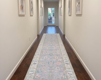 Blue Lavender Runner Rug, Washable Vintage Oushak Rug for Hallway, Kitchen, Bedroom Floral Floor Decor, Sage Pastel Pink Aesthetic Long Rug