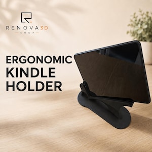 May include: A black tablet stand holding a black tablet, featuring a curved base and a support arm. The text RENOVA 3D SHOP and ERGONOMIC KINDLE HOLDER are visible in the image. The stand has a smooth finish and a minimalist structure for device support.