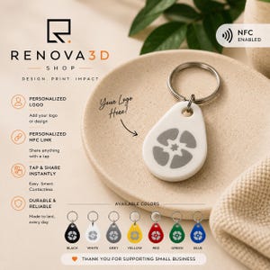 Op de afbeelding: Een witte, druppelvormige NFC-sleutelhanger met een grijs logo met vier bloemblaadjes. De tekst luidt RENOVA 3D SHOP, DESIGN. PRINT. IMPACT., NFC ENABLED, PERSONALIZED LOGO, PERSONALIZED NFC LINK, TAP & SHARE INSTANTLY, DURABLE & RELIABLE.