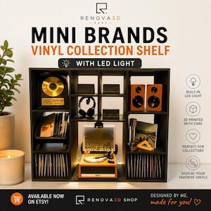 May include: A black multi-compartment shelf labeled Mini Brands Vinyl Collection Shelf with LED light. The shelf displays miniature vinyl records, a record player, speakers, headphones, and Now Playing signs. Text includes Renova 3D Shop.