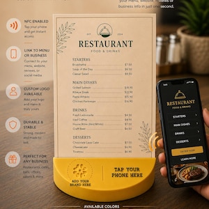 Personalized NFC Menu Holder – Custom Logo Tap-to-Open Stand for Restaurants, Offices and Reception Desks