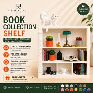 May include: A white miniature bookshelf with three shelves and multiple compartments, featuring a white cat figurine on top. The shelf is filled with tiny books, a green cactus in an orange pot, a green lamp, a white candle, and a teacup.
