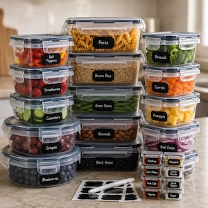 Op de afbeelding: Een verzameling doorzichtige plastic voedselbewaarbakjes met vergrendelbare deksels en zwarte krijtbord-stijl labels. De bakjes zijn gevuld met diverse etenswaren zoals pasta, rijst, bonen, fruit en groenten, inclusief een witte marker.