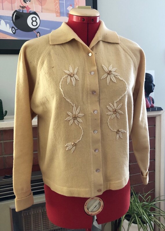 Vintage Buttery yellow Cardigan with wooden beadin