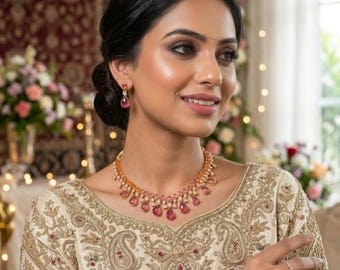 Elegant Gold Finish Pink Tourmaline Jewelry Set – Multi-Gemstone Teardrop Collar Necklace with Drop Earrings