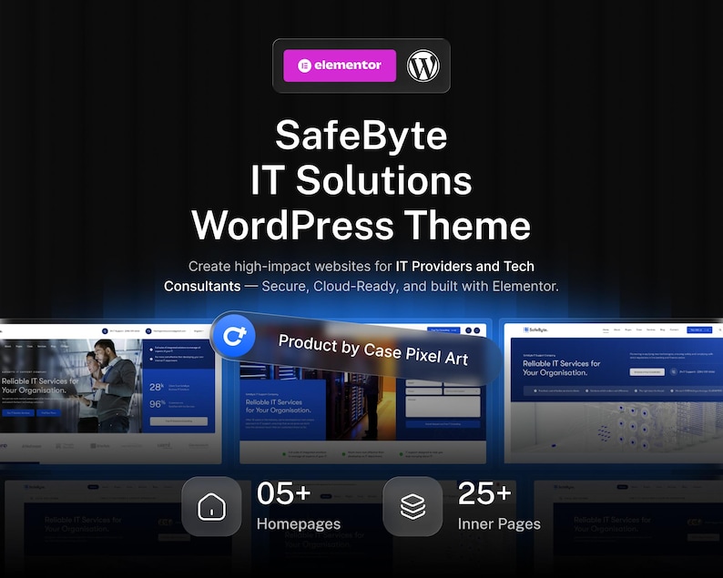 May include: A digital promotional graphic for the SafeByte IT Solutions WordPress Theme, featuring the Elementor and WordPress logos, text descriptions, and previews of website layouts including 05+ homepages and 25+ inner pages.