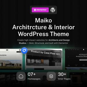 May include: A digital product display for the Maiko Architecture & Interior WordPress Theme, featuring the Elementor and WordPress logos, text descriptions, and previews of website layouts including 07+ homepages and 30+ inner pages.