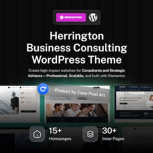 May include: A digital product display for the Herrington Business Consulting WordPress Theme, featuring the Elementor and WordPress logos, text descriptions, and previews of website layouts including 15+ homepages and 30+ inner pages.