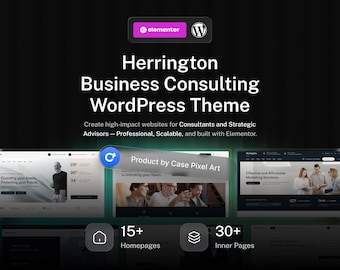 Peut inclure: Un affichage de produit numérique pour le thème WordPress Herrington Business Consulting, avec les logos Elementor et WordPress, des descriptions textuelles et des aperçus de mises en page incluant 15+ pages d'accueil et 30+ pages internes.