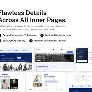 May include: A digital presentation featuring the text Flawless Details Across All Inner Pages, followed by bullet points for IT Solutions, design layouts, visual editing, and customisation. Below are multiple website interface mockups.