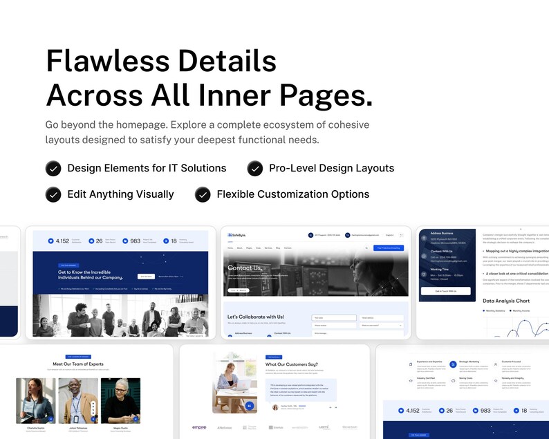 May include: A digital presentation featuring the text Flawless Details Across All Inner Pages, followed by bullet points for IT Solutions, design layouts, visual editing, and customisation. Below are multiple website interface mockups.