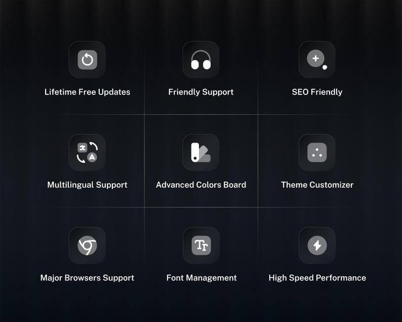 May include: A dark grid featuring nine square icons with white symbols and text labels: Lifetime Free Updates, Friendly Support, SEO Friendly, Multilingual Support, Advanced Colours Board, Theme Customiser, Major Browsers Support, Font Management, and High Speed Performance.