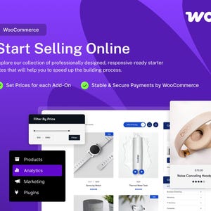 May include: A digital interface for WooCommerce featuring the text Start Selling Online, with a sidebar showing Products, Analytics, Marketing, and Plugins. The display includes product listings for a watch, water tank, and beige noise cancelling headphones.