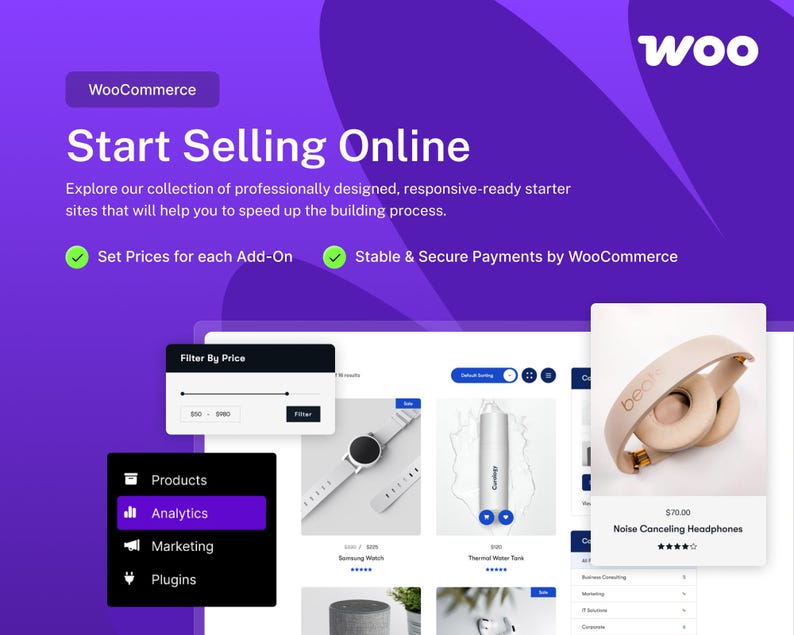 May include: A digital interface for WooCommerce featuring the text Start Selling Online, with a sidebar showing Products, Analytics, Marketing, and Plugins. The display includes product listings for a watch, water tank, and beige noise cancelling headphones.