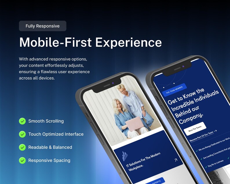 May include: Two smartphones displaying a mobile-first website interface with blue and white colour schemes. The screens show text including Fully Responsive, Mobile-First Experience, Smooth Scrolling, and Get to Know the Incredible Individuals.