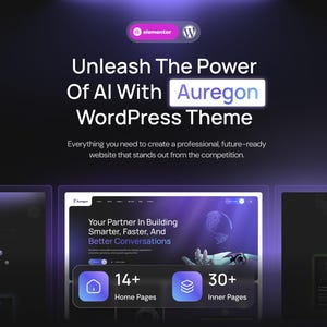 May include: A digital marketing graphic for the Auregon WordPress theme featuring dark purple gradients, text stating Unleash The Power Of AI With Auregon WordPress Theme, and icons representing 14+ home pages and 30+ inner pages.