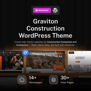 Peut inclure: Un graphique promotionnel numérique pour le thème WordPress Graviton Construction, présentant les logos Elementor et WordPress, des descriptions textuelles du thème et des aperçus de mises en page incluant 14+ pages d'accueil et 30+ pages internes.