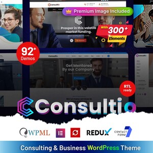 以下が含まれることがあります： Consultio WordPressテーマのデジタル表示。複数のウェブサイトレイアウトのプレビュー、オフィス環境のビジネスプロフェッショナル、および「Premium Image Included」、「300+ Elements」、「92+ Demos」などのテキストオーバーレイが含まれています。