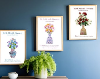Set of 12 A4 Wall Prints-Unframed- Birth Flowers of the Month. All 12 months provided in the one purchase. Perfect for gifts. Print at home.