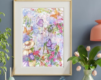 Wall Art- Lady in the garden, unframed mixed media wall art set (sizes A4,A3 and A2) Instant Download, Print at home or local printing shop