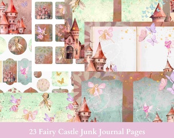 23 page Fairy Castle junk journal set. Digital download, print at home on A4 paper. Includes papers and embellishments.