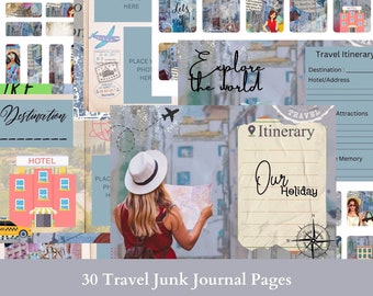30 page Travel junk journal set. Digital download, print on A4 paper. Includes papers & embellishments. Personalise and add your own photos