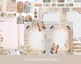 12 page junk journal set. Digital download, print at home on A4 paper. Includes papers and embellishments.