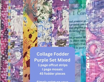 Collage fodder Purple set mixed - 1 page offcut strips, 1 mosaic page and 45 fodder pieces (including Polaroids and Circles)