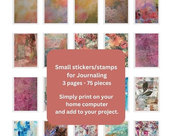 Sticker set for journaling - 3 pages, 75 pieces, for mixed media projects and junk journals. Instant download. Print and glue down