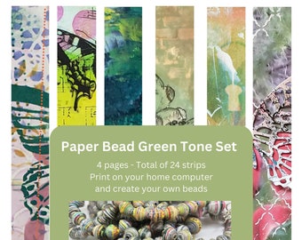 Paper Bead Strips-set of 24 colours- Green Set - Print at home - Basic Instructions Included for beginners. Make your own beads. Mixed media