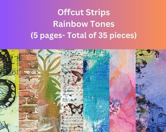 Mixed Media Offcuts, Rainbow Tones, Handy Strips, use for Decorative Trim- 5 pages (35 pieces) Print at home, for Junk Journals & Scrapbooks