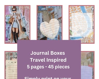 Travel Inspired Journal Boxes - 5 pages - 45 pieces, Ideal 4 travel scrapbooks and junk journals. Pretty journal boxes, featuring chic girls