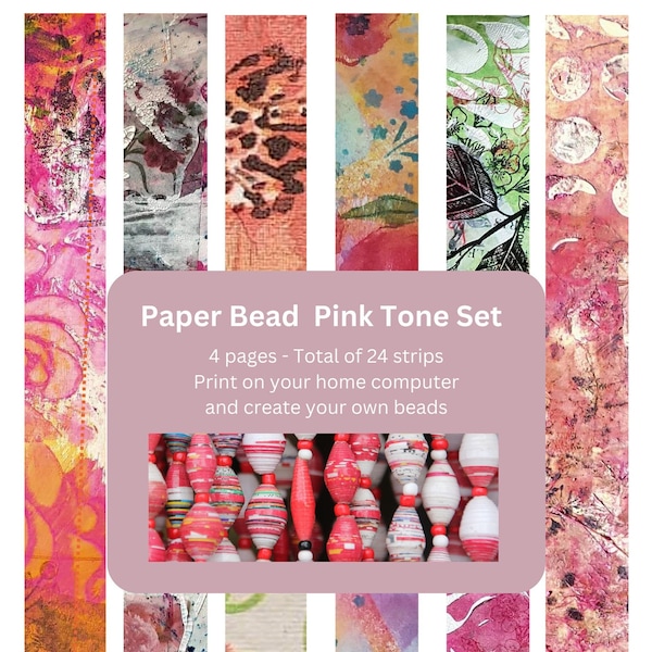 Paper Bead Strips- set of 24 colours- Pink Set- Print at home - Basic Instructions Included for beginners. Make your own beads. Mixed media