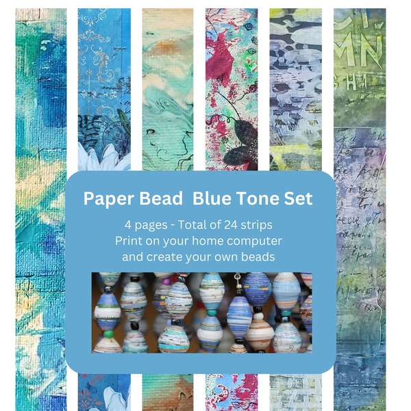 Paper Bead Strips- set of 24 colours- Blue Tone Set - Print at home - Basic Instructions Included for beginners. Make your own beads.